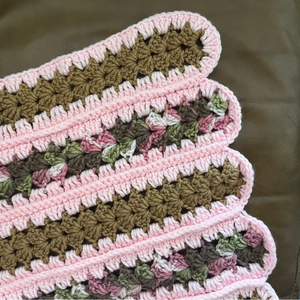Pink and Olive Green Crochet Blanket